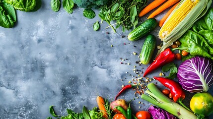 Food background border frame of colorful fresh produce raw vegetables corn carrot chilli cucumber purple cabbage spinach rosemary herb plenty of copyspace : Generative AI - Powered by Adobe