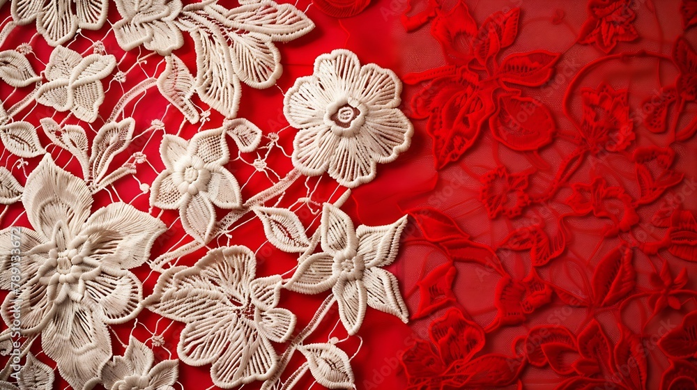 Poster vintage lace fabric with floral pattern red background with lace pattern : generative ai