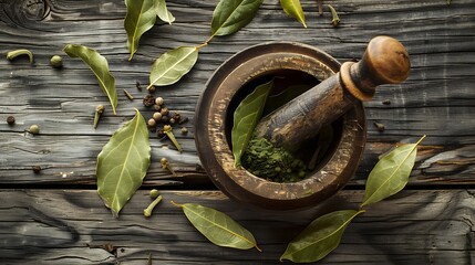 Mortar pestle with whole and ground aromatic bay leaves on wooden table flat lay : Generative AI - obrazy, fototapety, plakaty