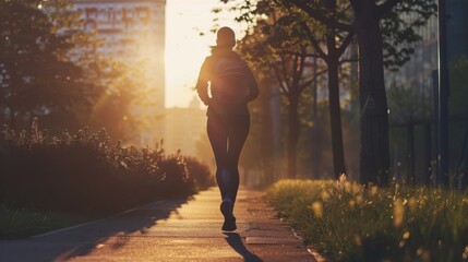 Businesswoman on a morning jog in a quiet urban park, sunrise in the background. - obrazy, fototapety, plakaty