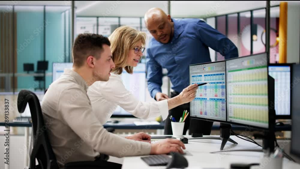 Poster analyst employee working on spreadsheet