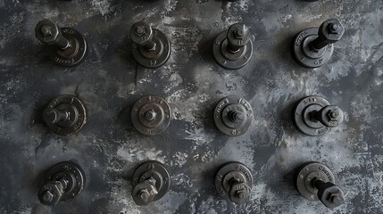 Fitness or bodybuilding concept background Product photograph of old iron dumbbells on grey conrete floor in the gym Photograph taken from above top view with lots of copy space : Generative AI