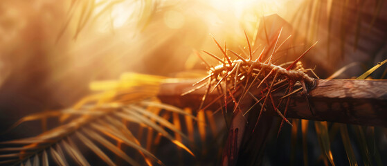 Lent Crown Of Thorns and Cross With Palm Leaves  - obrazy, fototapety, plakaty
