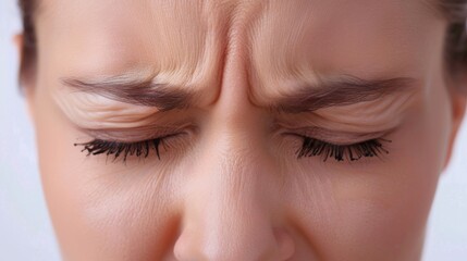 Close-up of a furrowed brow and squinted eyes showing migraine pain, against a plain white background, styled as a high-definition medical illustration. - obrazy, fototapety, plakaty