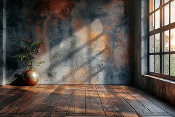 Warm sunlight streams into a rustic room, highlighting a potted plant and a vintage globe, evoking a sense of wanderlust