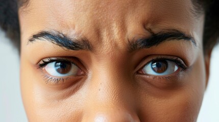 Naklejka premium Close-up of a furrowed brow and tensed eyes depicting a headache, set against a stark white backdrop for a clean look.