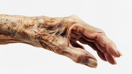 Fototapeta premium Close-up of a hand with visibly swollen joints suffering from arthritis pain, against a plain white background, styled as a high-definition medical illustration.