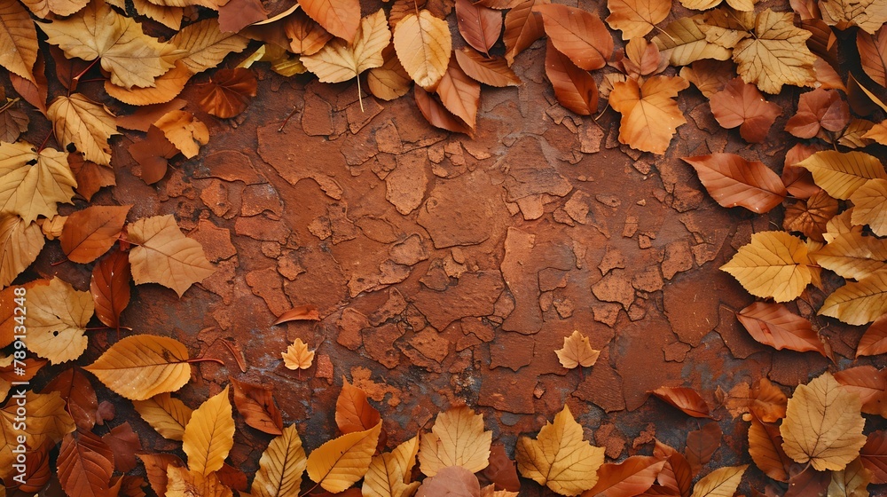 Poster frame border from dry fallen leaves on the modern bieg terracotta stone background thanksgiving autu