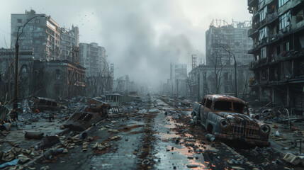 Post-apocalyptic cityscape with destroyed buildings, burnt-out vehicles, and ruined roads depicted in 3D rendering. - obrazy, fototapety, plakaty