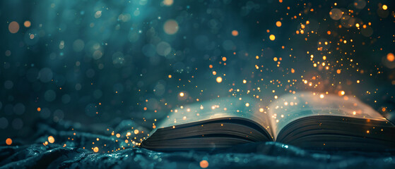 Magic Book With Open Pages And Abstract Lights Shining