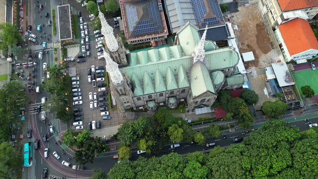 Jakarta Catholic Cathedral Drone Fly Over Early Evening