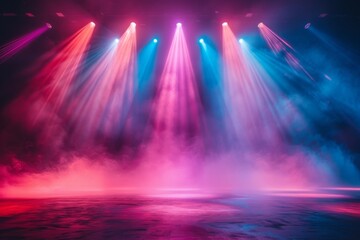 This atmospheric image presents stage lights piercing through multicolored gradient smoke, evoking...