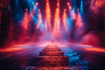 The shot captures a futuristic stage with vibrant red smoke swirling around a central stairway, suggesting an invitation to a thrilling performance