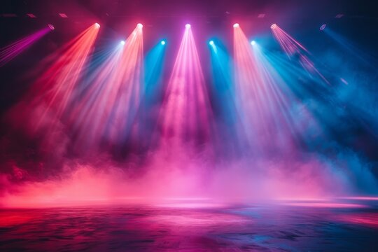 This atmospheric image presents stage lights piercing through multicolored gradient smoke, evoking a sense of wonder in a grand performance
