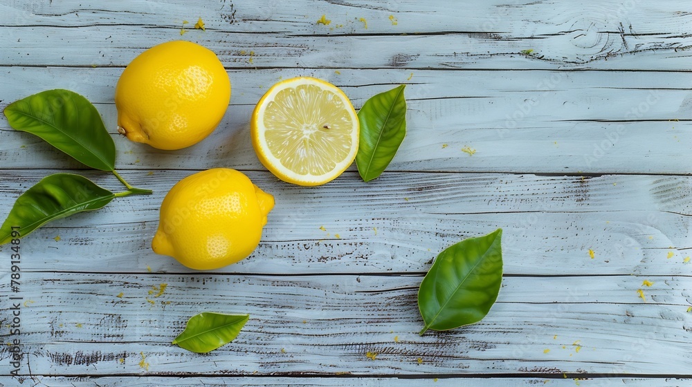 Poster Whole and half sliced lemon with green leaf isolated on grey wooden table background Top view Flat lay : Generative AI