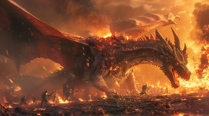 Epic battle scene featuring a dragon spewing fire upon warriors in a battlefield. - obrazy, fototapety, plakaty
