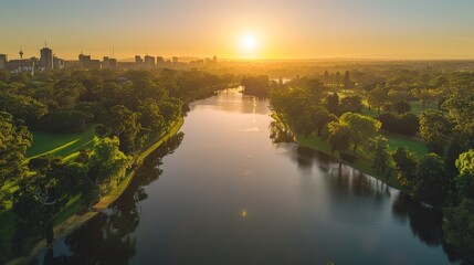 Aerial view of Adelaide, city parks and rivers intersecting, serene dusk