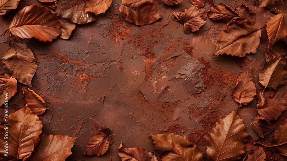 Poster frame border from dry fallen leaves on the modern bieg terracotta stone background thanksgiving autu