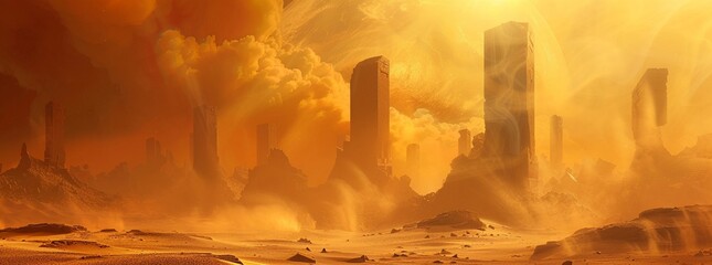 Kinetic sandstorm sweeping desert ruins, sunset glow, wide angle, surreal,  - obrazy, fototapety, plakaty
