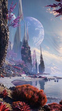 Liquid landscapes and fresh horizons unfold as space explorers decode ancient runes, revealing paths to planets where flowers bloom in extraordinary colors, 