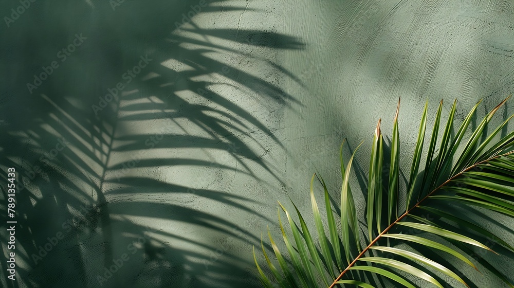 Poster palm leaf shadow on a green wall background olive color stylish flat lay with trendy shadow and sun 