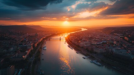 Aerial view of Budapest, Danube River splitting the city, evening