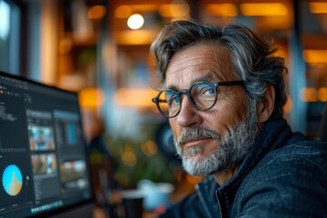 A focused creative professional working on a desktop with video editing software, engrossed in the creative process