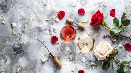 Flatlay of red rose and white wine in glasses and corkscrews over grey concrete background top view copy space Wine bar winery wine degustation concept : Generative AI - obrazy, fototapety, plakaty