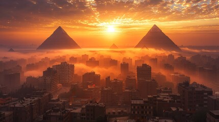 Aerial view of Cairo with the pyramids in the horizon, dusty sunset