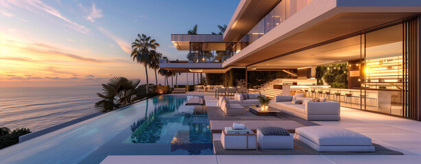 create an architectural rendering of a large modern house with pool and terrace overlooking the...