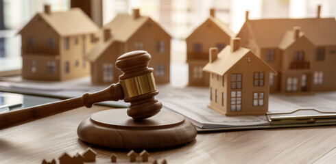 High resolution stock photo of a gavel and miniature house on a table, with a blurred background and space for copy about real estate law or legal concepts 