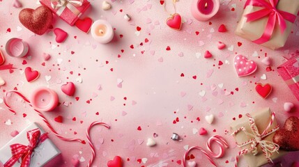 A Valentine s Day background featuring a frame adorned with gifts candles and confetti set against a charming pink backdrop The scene is captured in a flat lay style from a top view leaving