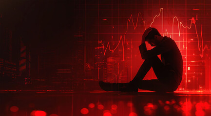 Silhouette of a crying man sitting on the floor in front of a red stock chart, with a cyberpunk city background 