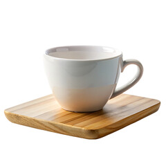 Empty white cup on wooden cutting board isolated on transparent background