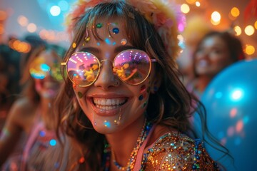 A radiant woman lost in the moment, dancing at a festival adorned with sparkling sequins, embodies the spirit of celebration