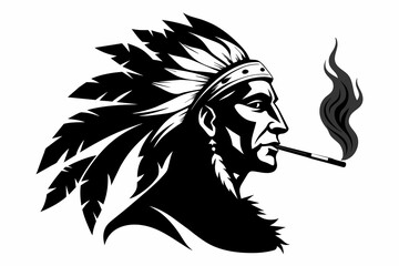 Vector, Native American smoking silhouette, laser cut, white background 
