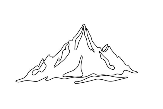 One solid line drawing of a mountain range landscape on a white background. Web banner with fasteners in simple linear style. Doodle vector illustration of mountains nature