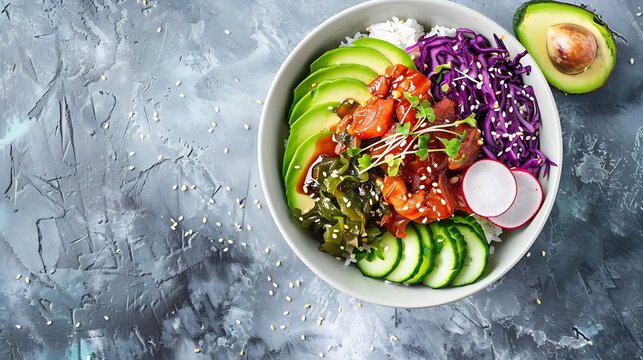 Tuna poke bowl with avocado cucumbers wakame radish and purple cabbage a healthy Hawaiian dish with rice overhead flat lay shot : Generative AI