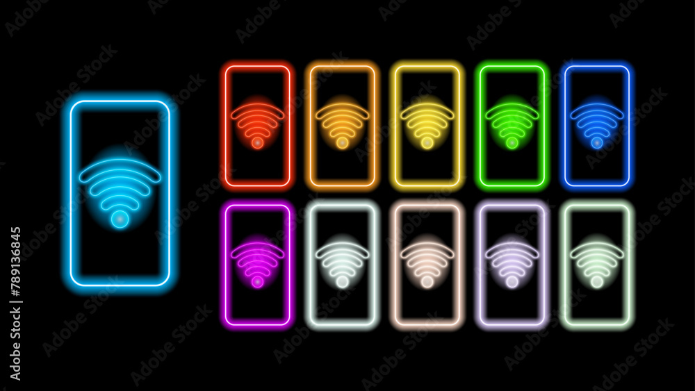 Poster glowing neon smartphone screen and frame with wifi icon. neon light outline phone with wi-fi icon. f