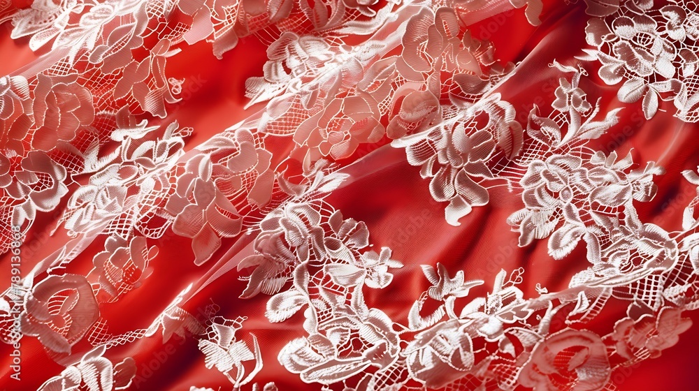 Poster vintage lace fabric with floral pattern red background with lace pattern : generative ai