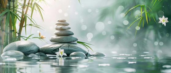 A soothing illustration of bamboo and stones, creating a peaceful and serene ambiance for a wellness spa's website header. - obrazy, fototapety, plakaty