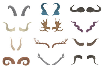 PNG, Horny hunting trophy of argali sheep, ibex, african buffalo, stag and reindeer. Icons in flat design. Set of horn of different animals isolated on a white background.
