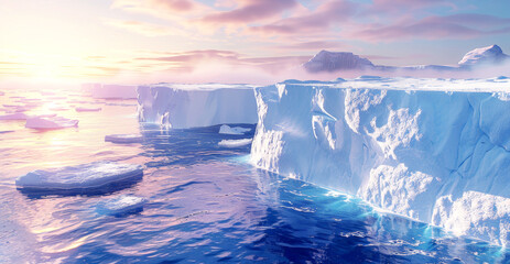 Antarctic ice in the water. Global warming. North sunrise banner background