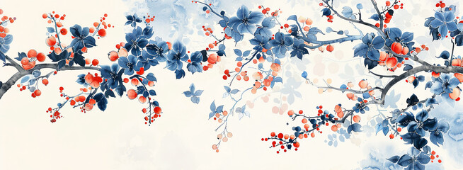 Blooming flowers on a branch in autumn on a light background. Traditional Asian illustration. Banner