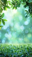 Obraz premium Blurred spring meadow with sunny gradient sky, defocused bokeh on green grass background