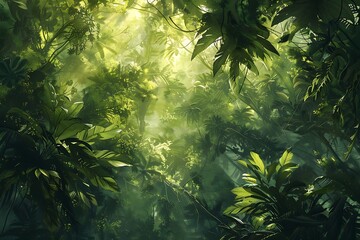 : A dense jungle canopy bathed in emerald sunlight, dappled light filtering through the interwoven leaves of colossal trees. - obrazy, fototapety, plakaty