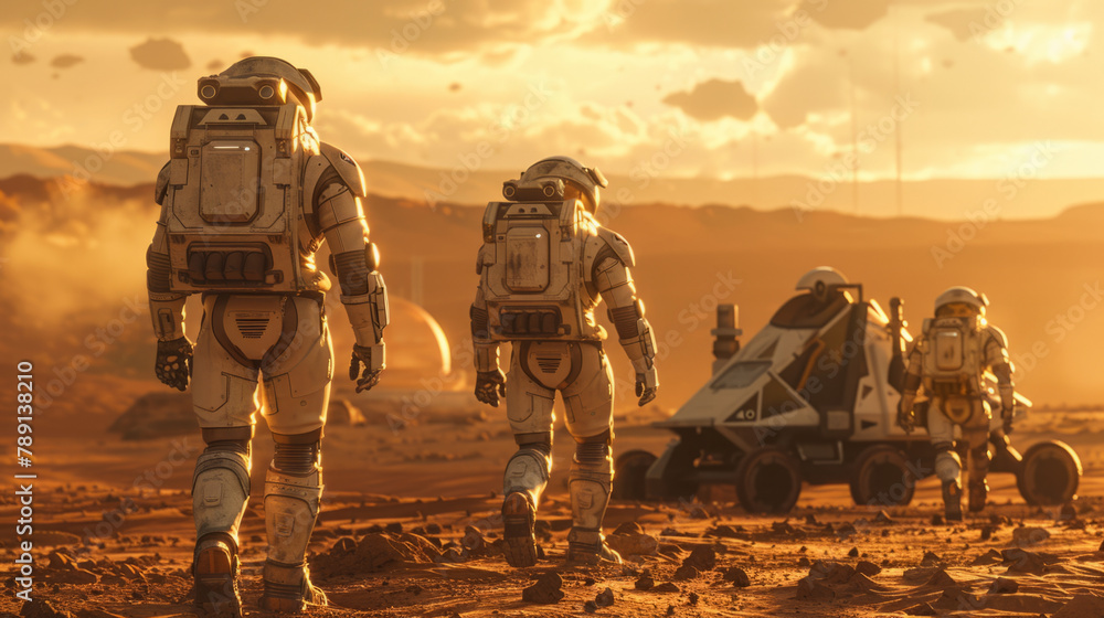 Poster engineers and robots collaborating to reshape the martian terrain for habitability.
