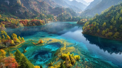 Aerial view of Jiuzhaigou Valley, multi-colored lakes and forested ridges