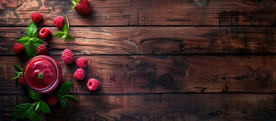 Top view of a wooden table with a raspberry smoothie and fresh berries, providing space for text.