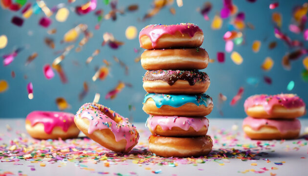 photo A stack donuts background confetti delicious plain no people color image donut sweet food baked vertical icing celebration circle decoration and drink snack bakery cake dou